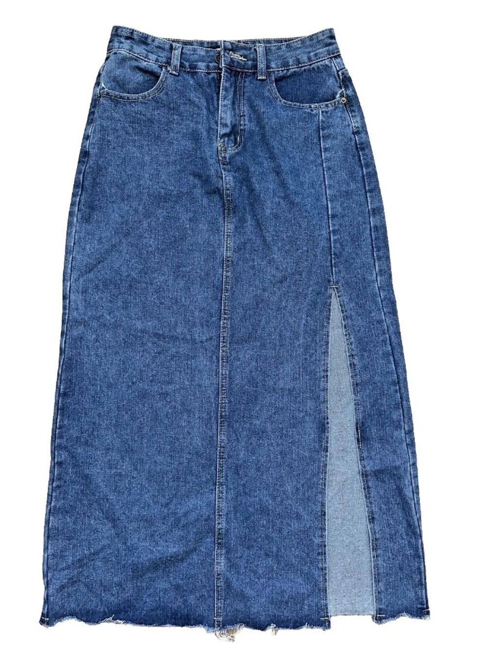 Women's Medium Wash Denim Maxi Skirt | Frayed Hem High Side Slit Preloved